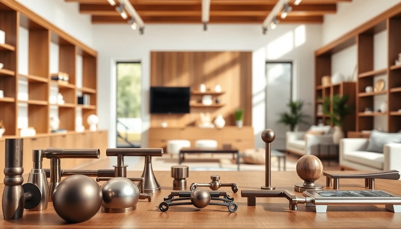 Showcase of a wide range of products by a furniture hardware supplier in a professional showroom setting.