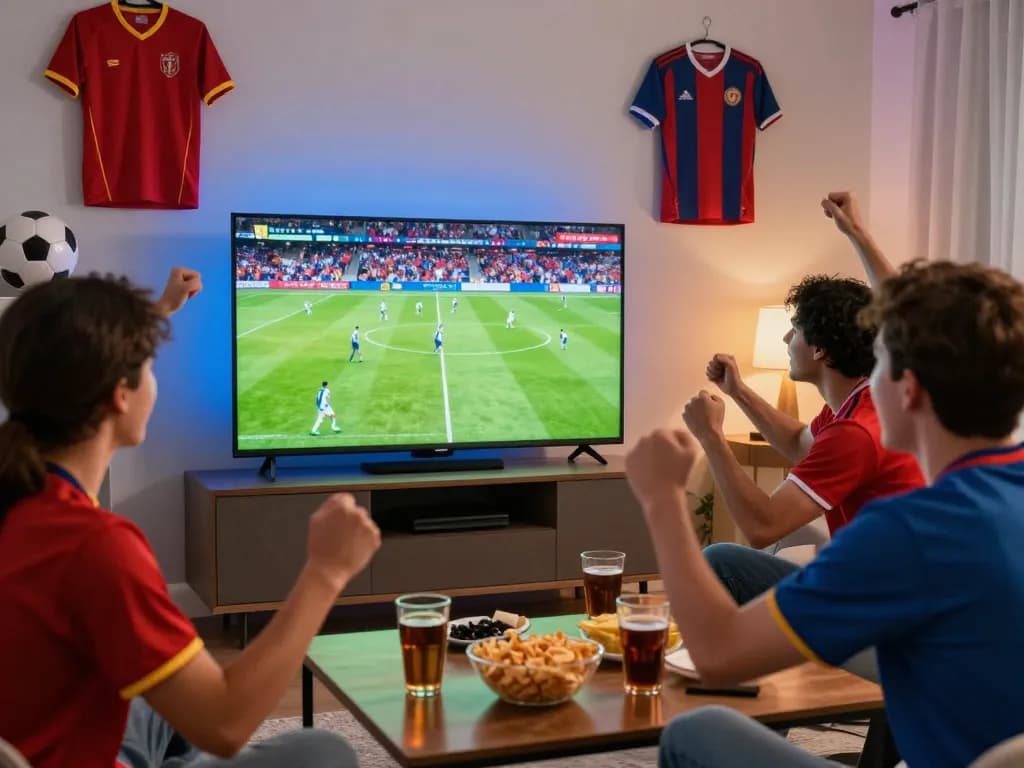 Passionate fans enjoying Luong Son TV live football match in vibrant home setting.