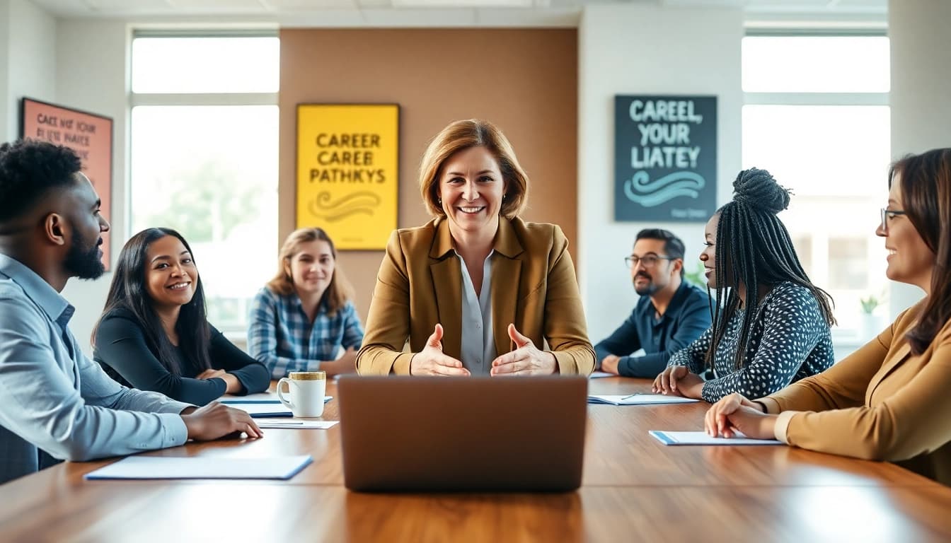 Engaging scene of career coaching with a professional coach guiding clients in a bright office.