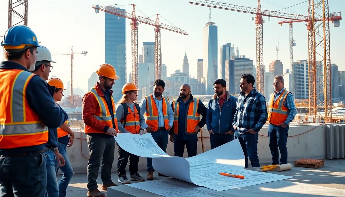 Manhattan Commercial General Contractor analyzing plans with a city skyline backdrop.