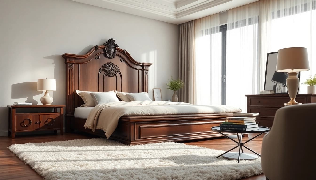 Showcasing a luxurious king size bed frame with intricate detailing in a serene bedroom.