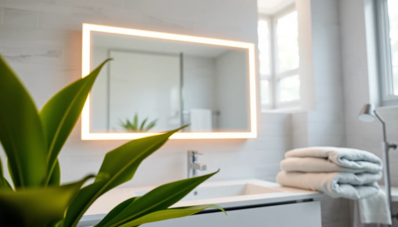 Showcase of a modern mirror and led lights enhancing a stylish bathroom ambiance.
