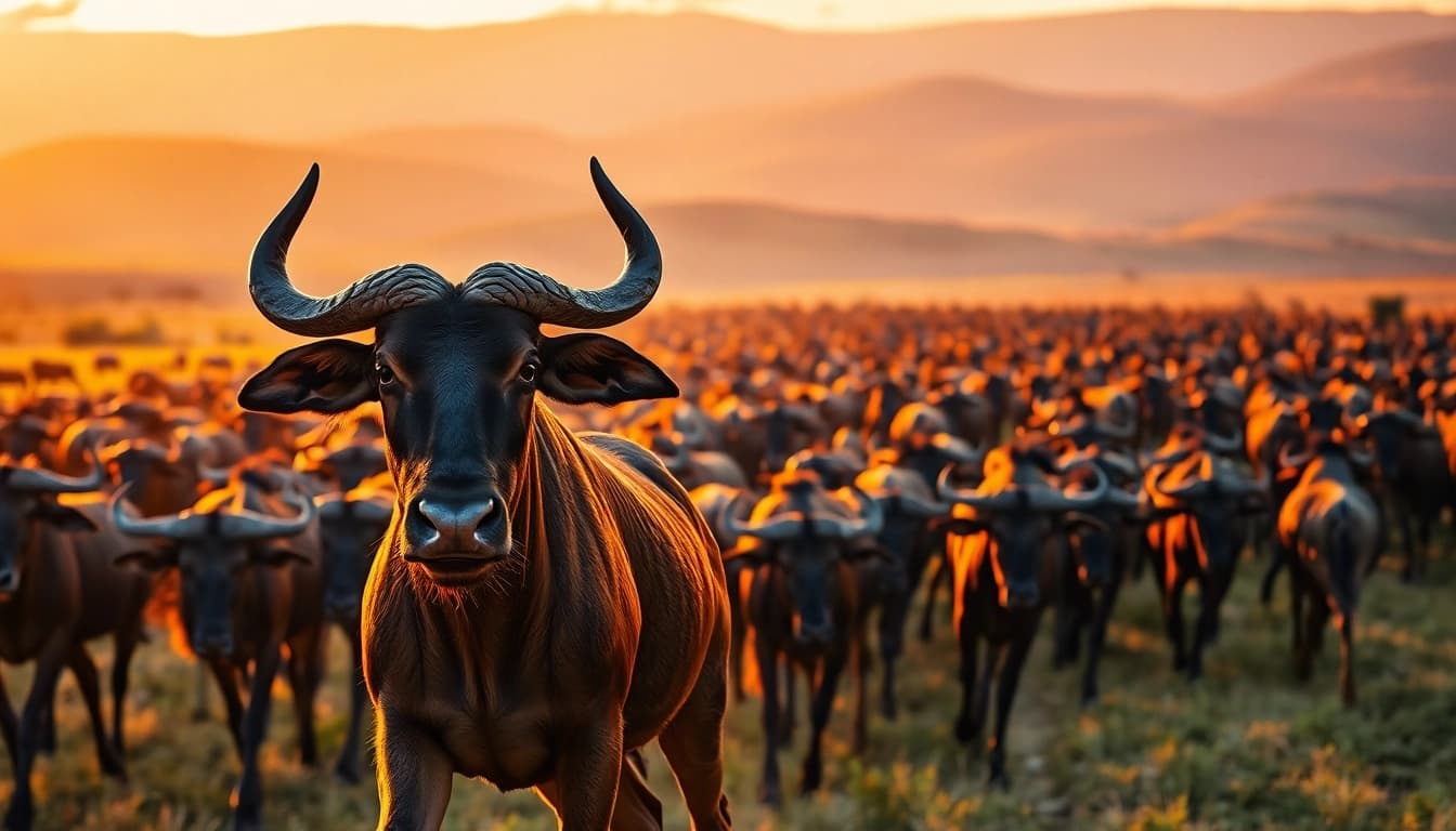 Witness the magnificent wildebeest migration safari as a herd moves across the Serengeti plains.