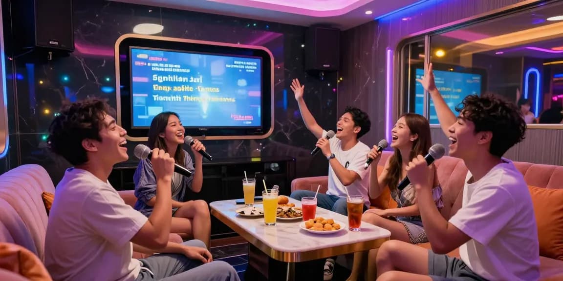 다낭 가라오케에서 친구들과 즐거운 시간을 보내는 모습, 화려한 조명과 인테리어가 돋보임