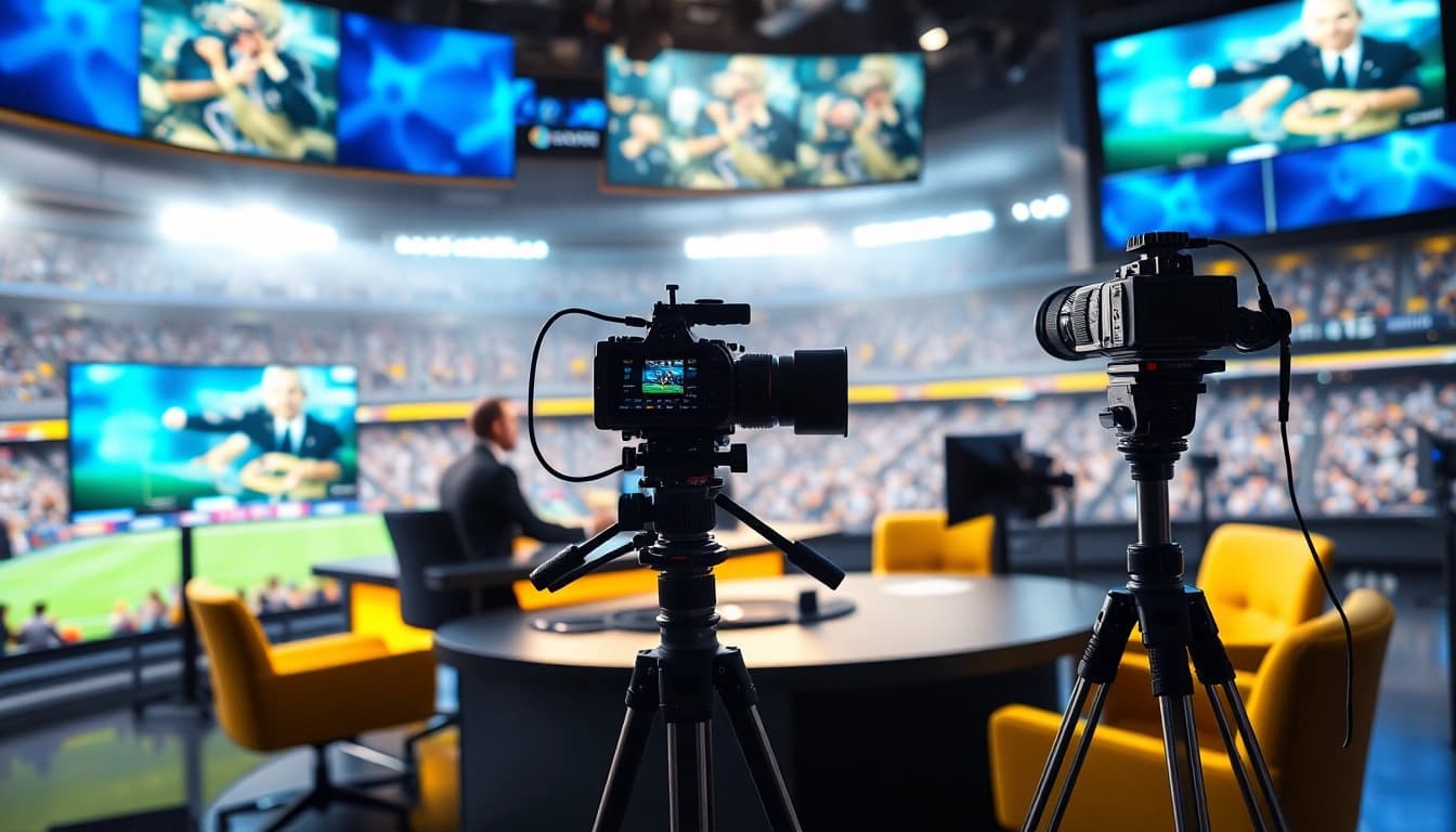 Engaging portrayal of sports broadcasting with an anchor, equipment, and stadium backdrop.