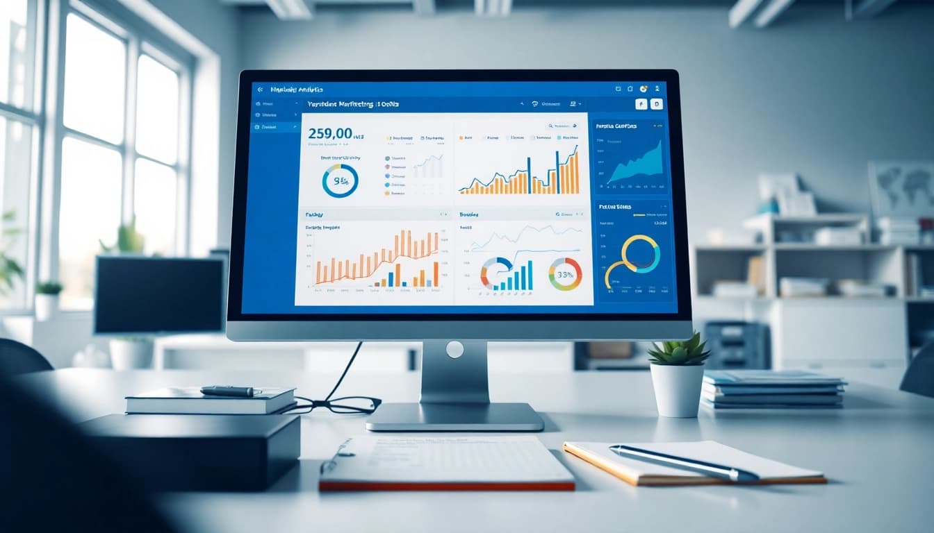 Visual representation of SEO Rank analytics on a computer screen in a modern office.