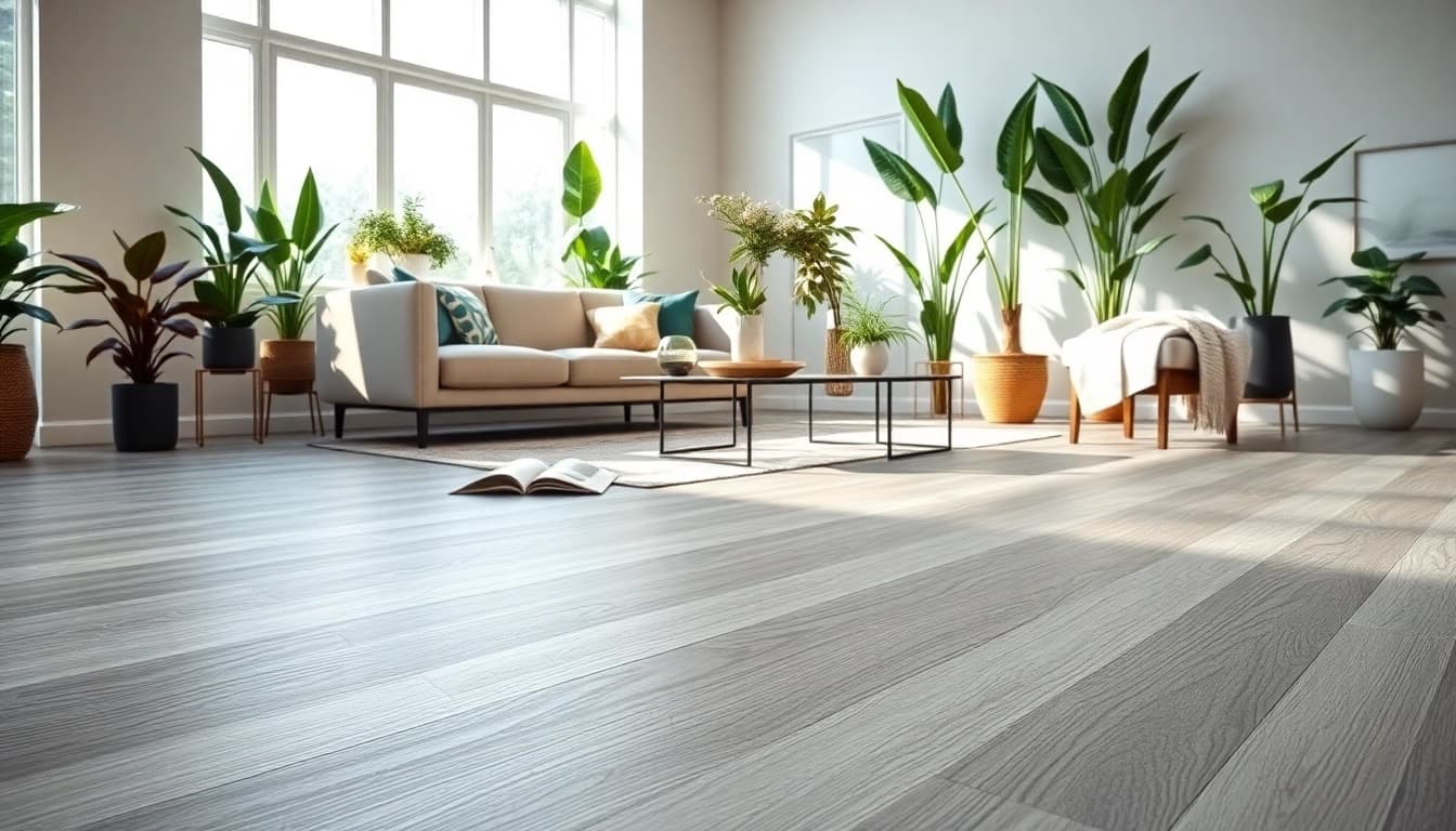 Admire vinyl plank flooring showcasing its elegant Moonlight Grey finish in a modern living room setting.