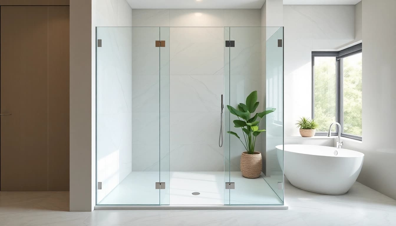 A corner shower screen frameless with sleek glass design adds elegance to a modern bathroom.