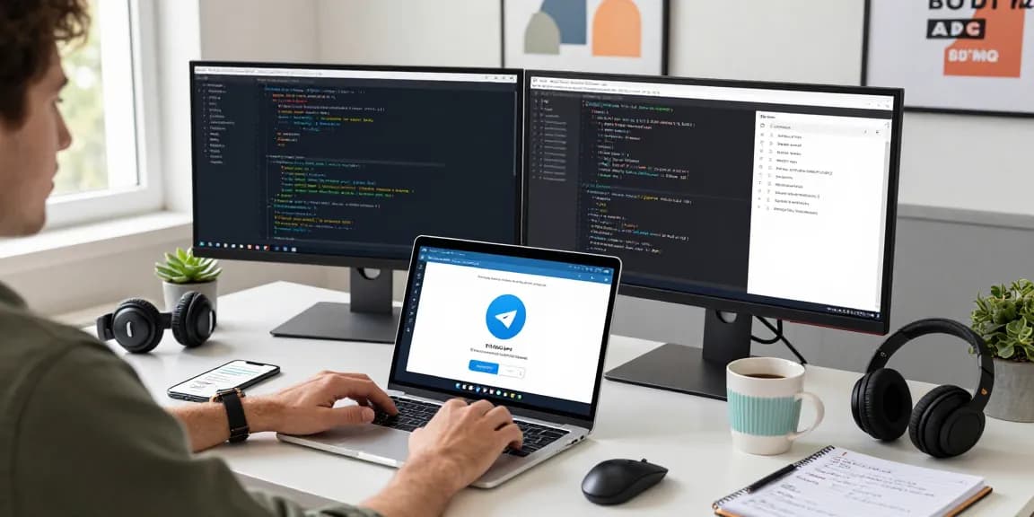 Explore the Telegram Web Version in a modern workspace with tech gadgets and vibrant office elements.