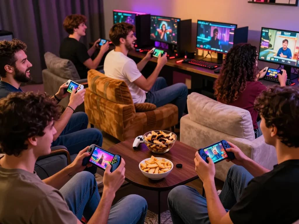 Mobile porn game scene with adults enjoying interactive games on smartphones and consoles.