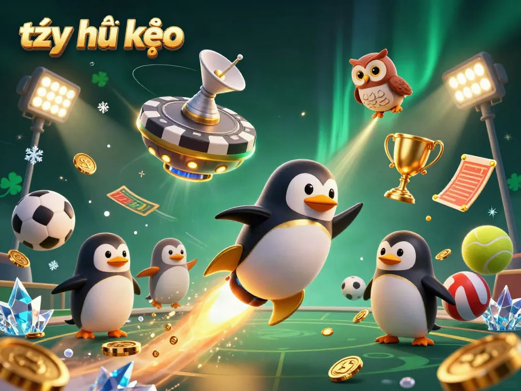 Experience the thrilling journey of tỷ lệ kèo with a golden penguin and sports elements in a dynamic casino-themed space.