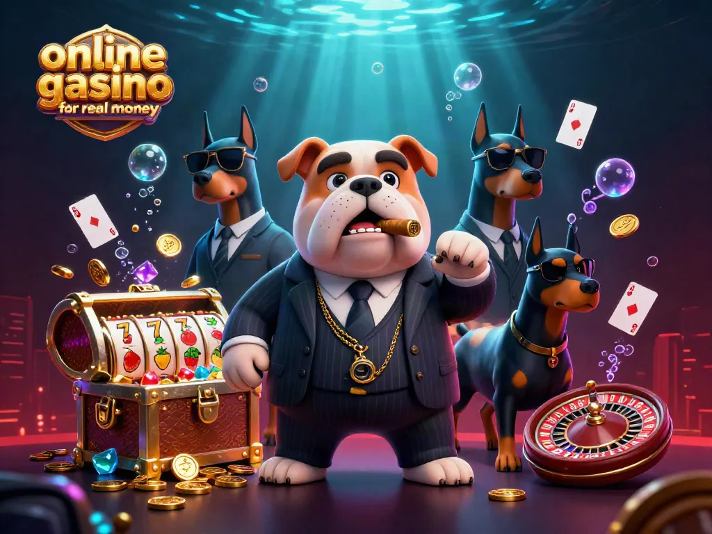 Engage in exciting online casino games for real money with a cartoon mafia boss bulldog and his Doberman bodyguards.