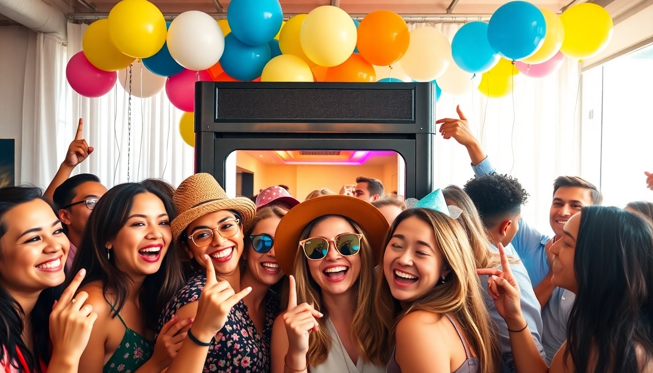 Capture the joy of a photo booth rental Chicago at a vibrant party, with guests enjoying fun props.