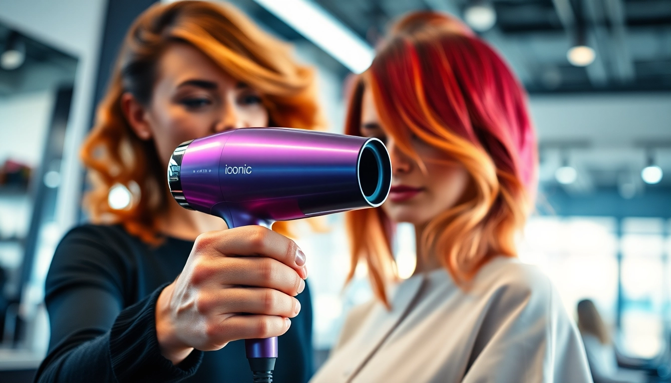 Stylish Ionic blow dryer enhances professional hairstyling experience in a modern salon.