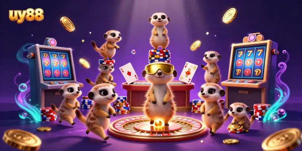 Experience the vibrant excitement of uy88 casino with meerkats enjoying a gaming adventure full of action and treasures.