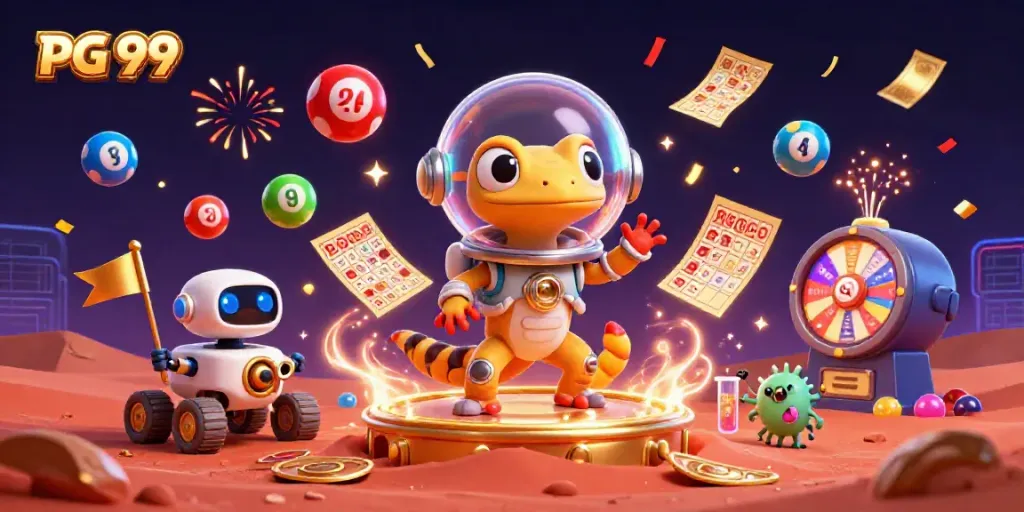 PG 99 showcases a Martian gecko discovering a vibrant casino, with lottery elements in motion.