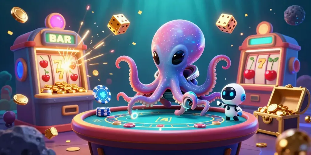 CakhiaTV features a vibrant illustration of an alien octopus managing a poker table, embodying a thrilling gambling scene.