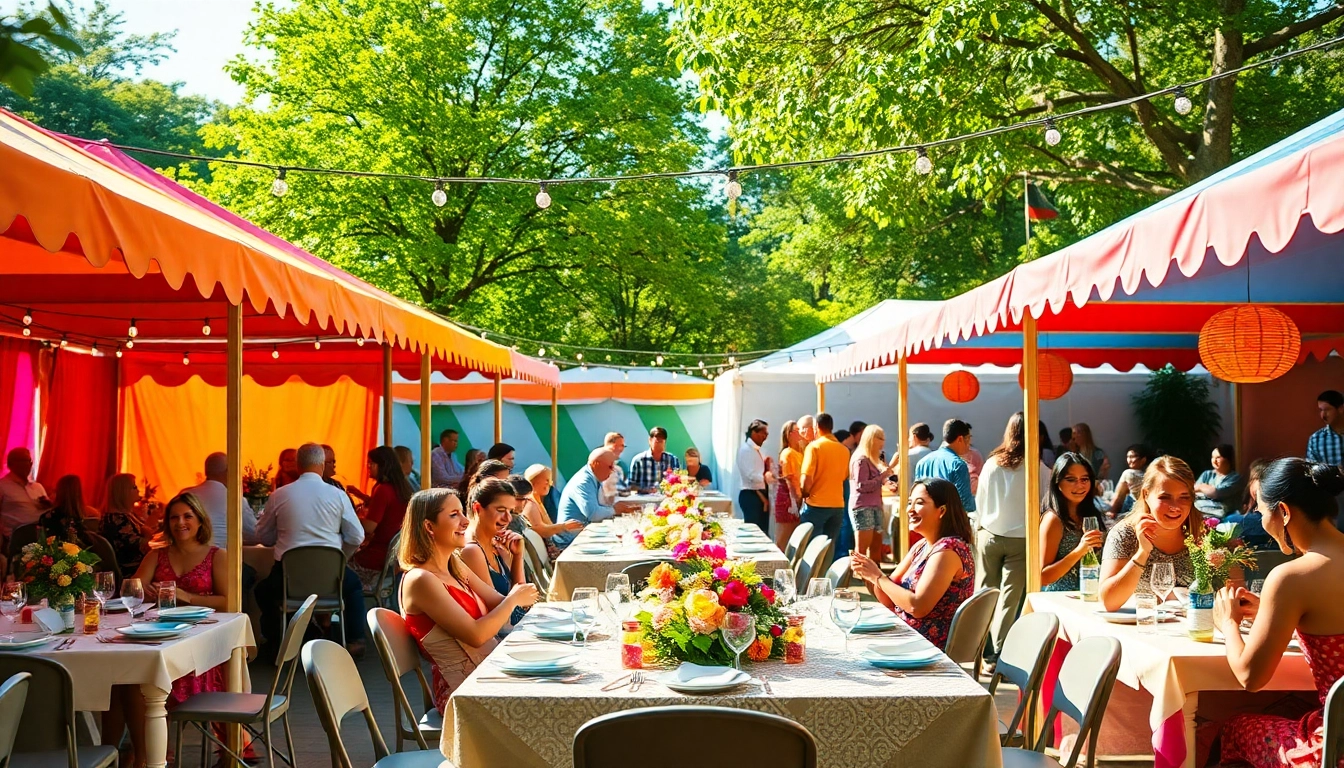 Outdoor Party Rentals showcasing a vibrant tent setup with cheerful guests enjoying the celebration.
