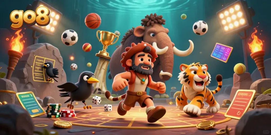 Experience thrilling gameplay at go8 casino with a lively prehistoric scene filled with sports, rewards, and excitement.