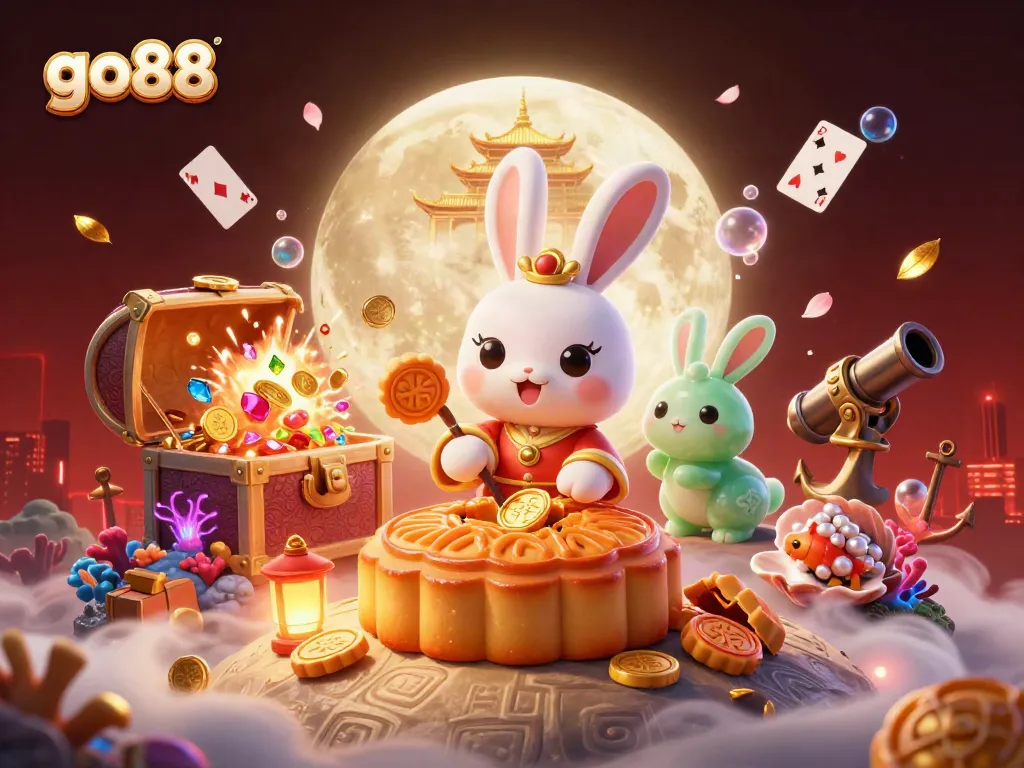 Experience go88's thrilling casino excitement with vibrant chips and lively characters in a magical setting.
