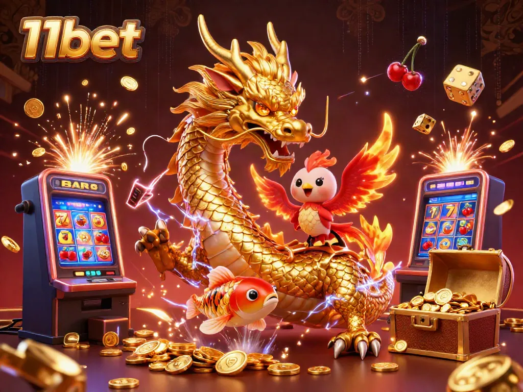 Spin and win at 11bet with vibrant casino games and jackpot fun in a captivating illustration.