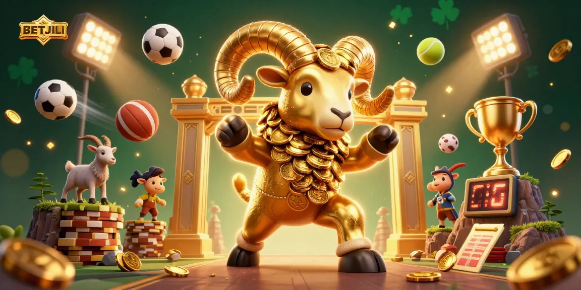 Betjili features a golden ram charging towards a gate, surrounded by vibrant sports elements.