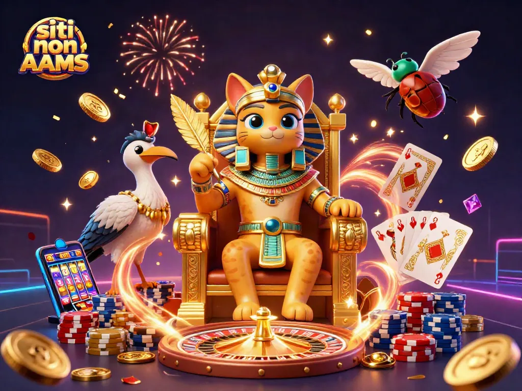 Gioca nei migliori siti non AAMS con un'illustrazione 3D ricca e dettagliata di un gattone faraonico e elementi di casinò.