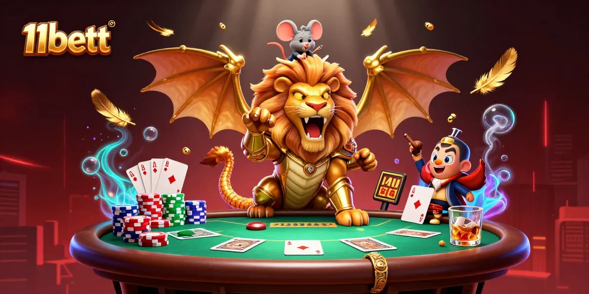Experience thrilling poker action at 11bett with a vibrant illustration of a chimera creature and poker elements.