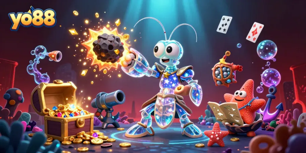 Experience thrilling wins at yo88 with a vibrant casino-themed underwater scene bursting with treasures.