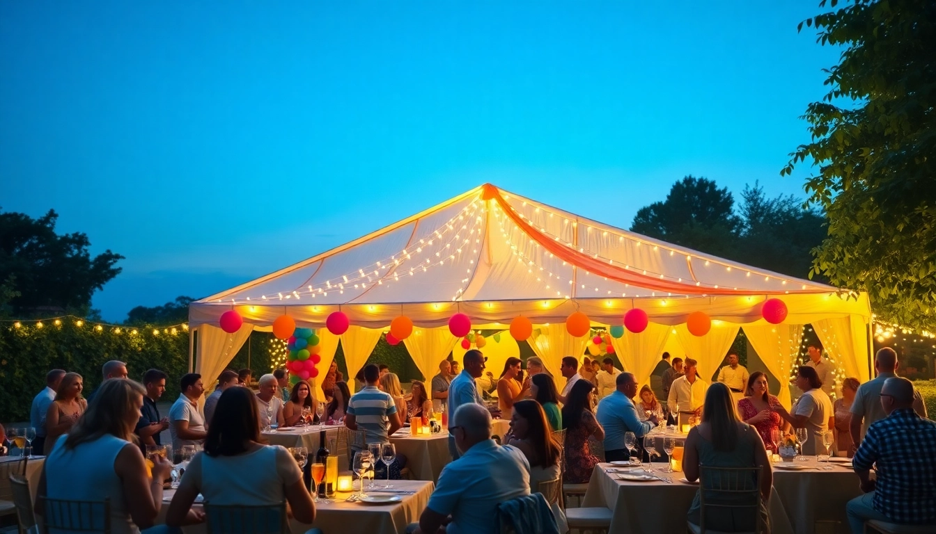Enjoy vibrant outdoor party rentals set up for a festive gathering with joyful guests.