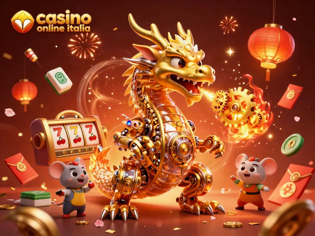 Giocare nei migliori casinò online in Italia, un drago e un topolino ingegnere in un ambiente festoso.