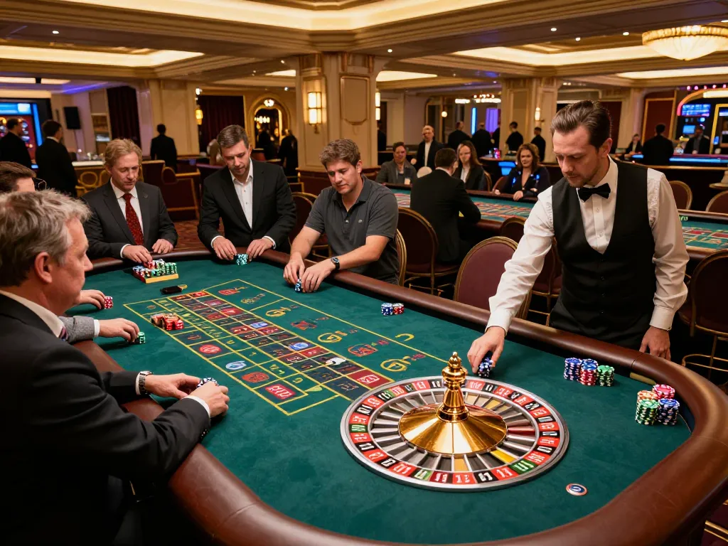 Players enjoying the thrill of roulette at vipwin79 casino with vibrant atmosphere and professional croupier.
