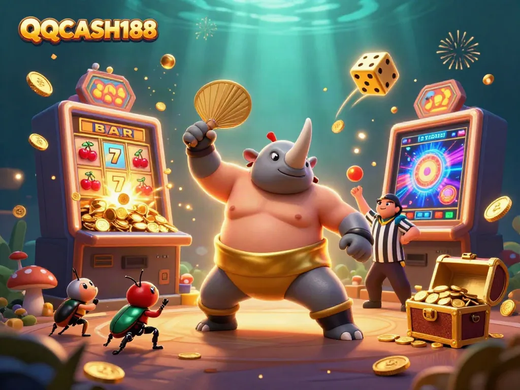 Experience the thrilling atmosphere of QQCASH188 with a dynamic casino illustration featuring iconic characters and jackpots.