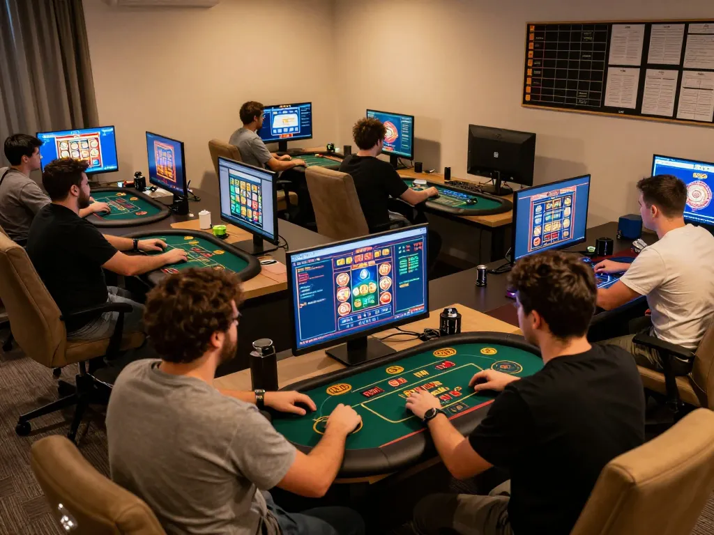 Players engaged in online casino gaming on god55vn with multiple screens displaying vibrant games
