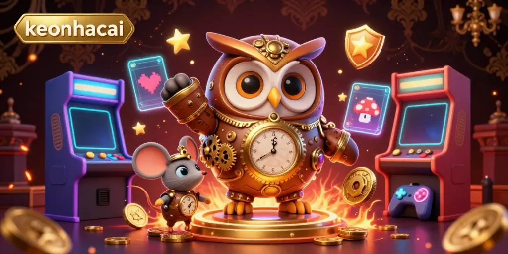 Experience keonhacai's vibrant casino universe through a whimsical owl and mouse, set against glowing arcade machines.