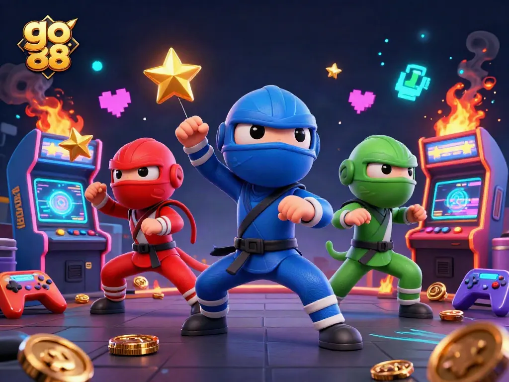 Engage with go 88's vibrant experience featuring three ninja chameleons amidst a dynamic casino scene.