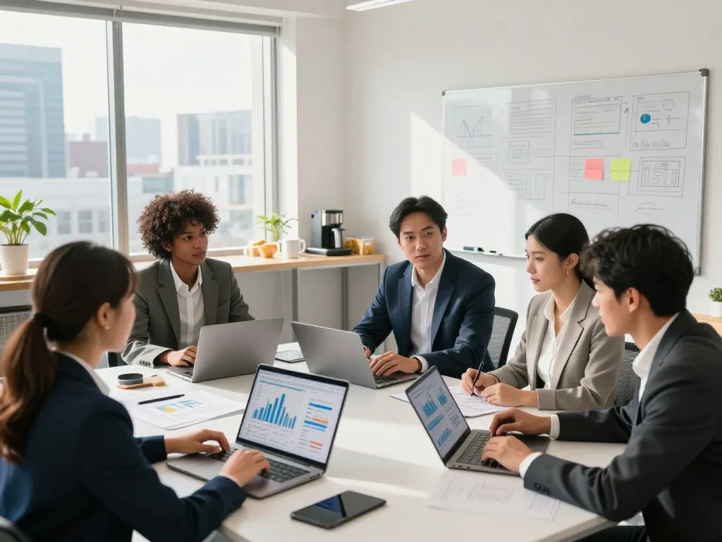Group buy seo tools discussion among professionals in a vibrant office environment