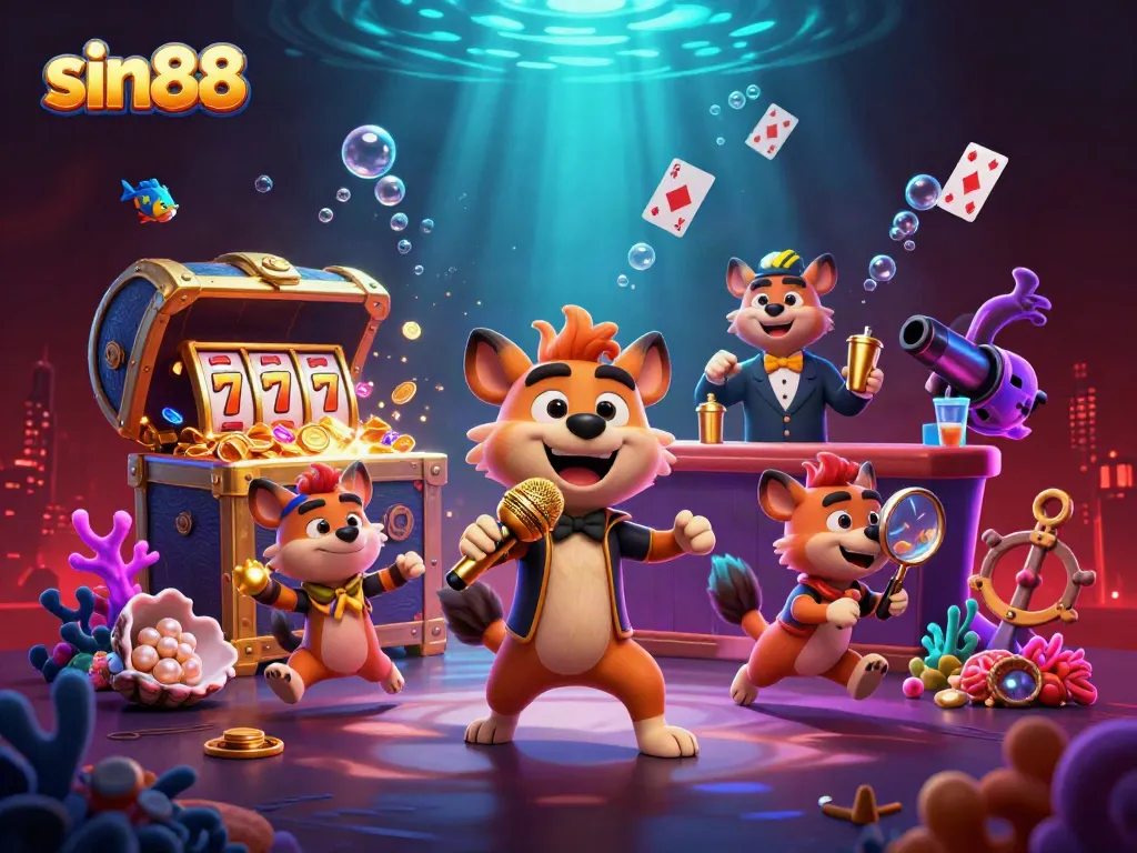 Join the fun at sin88 with hyenas hosting a vibrant casino scene filled with games and excitement.