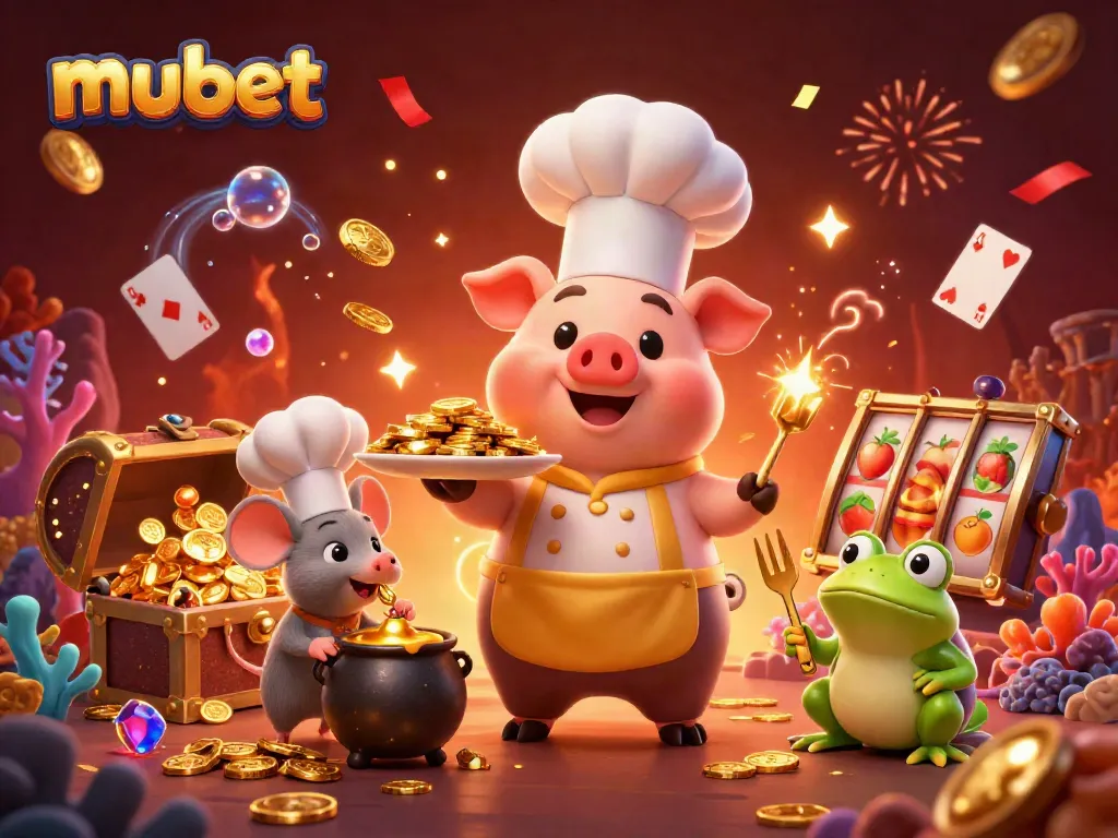 Experience winning fun with mubet as a chef pig serves gold coins in an entertaining casino setting.