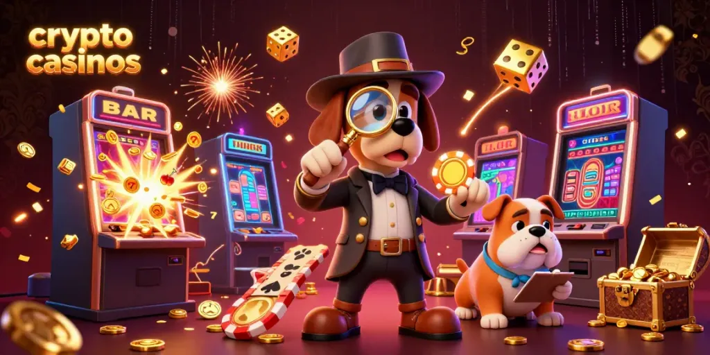 A dynamic scene illustrating crypto casinos with a detective discovering poker chip clues amidst colorful gaming elements.