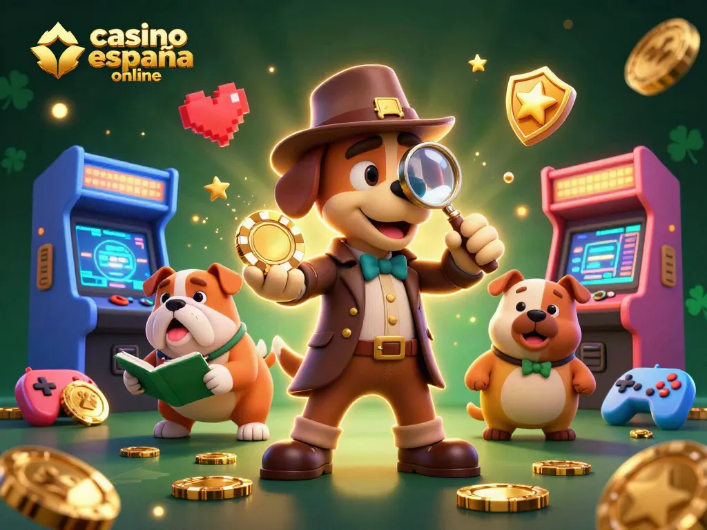 Disfruta de casino España online con un perro sabueso detective y su compañero bulldog descubriendo pistas de juego.