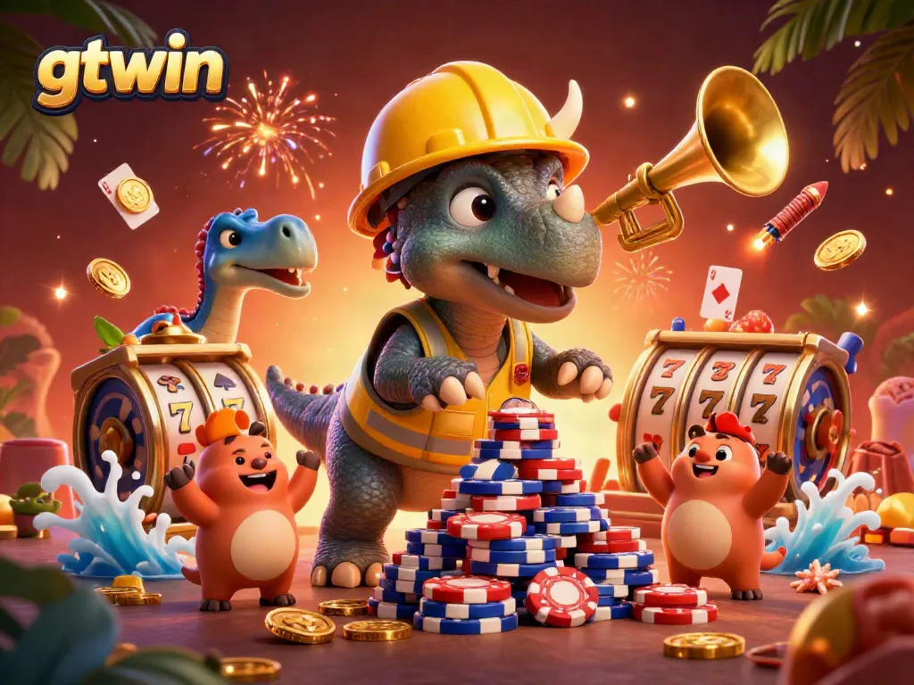 Engage with gtwin's vibrant casino scene featuring a triceratops building poker chips amidst cheering creatures.