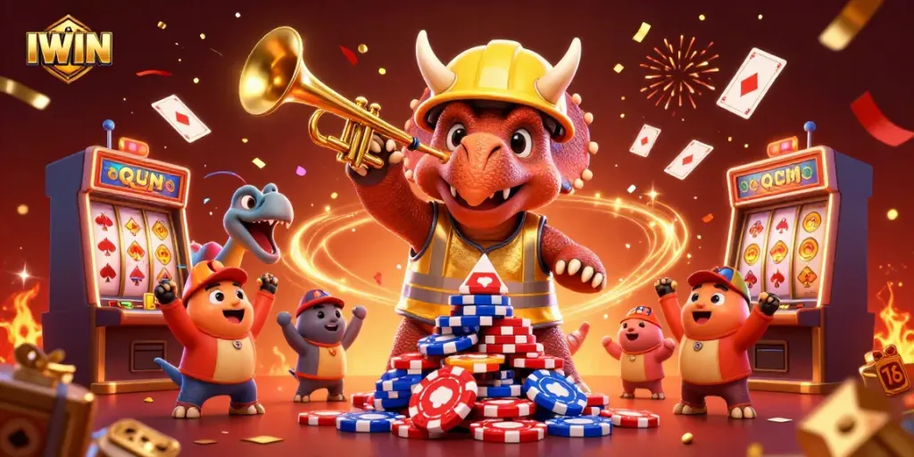 Celebrate gameplay excitement with IWIN as cartoon dinosaurs build poker chip towers amidst casino joy.
