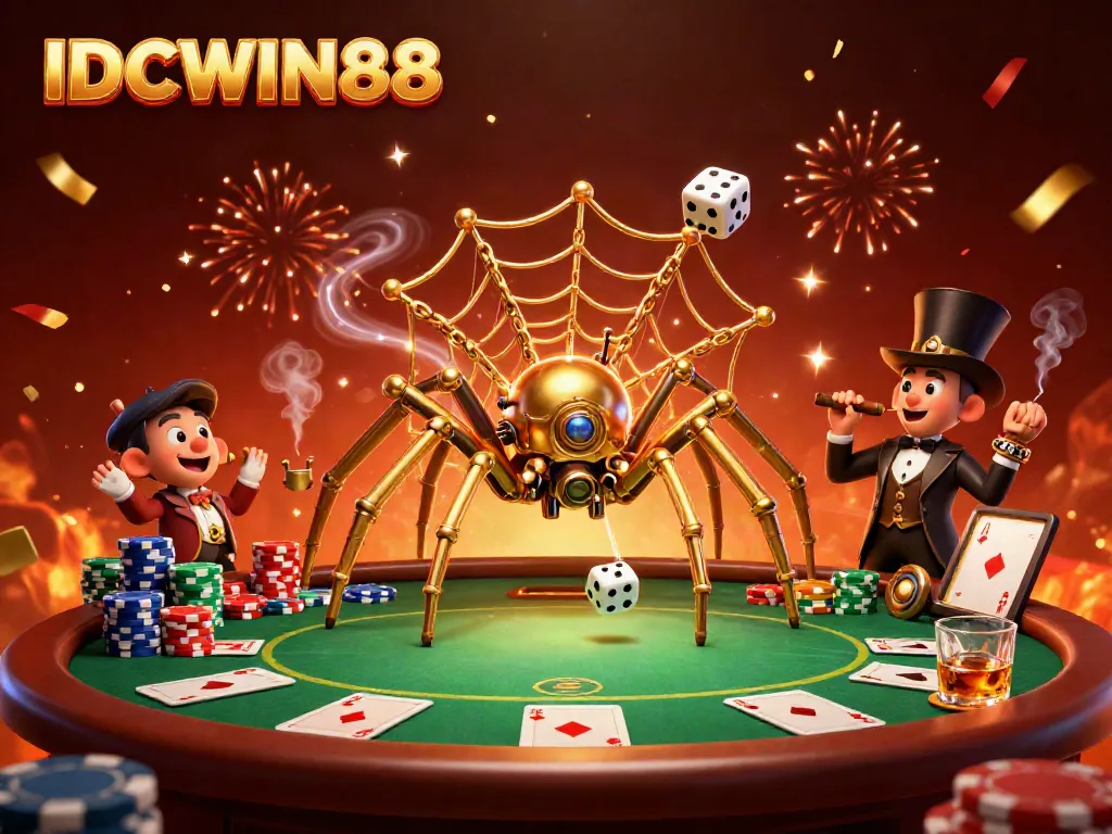 Experience thrilling gameplay at IDCWIN88, a vibrant 3D illustration showcasing steampunk elements and casino excitement.