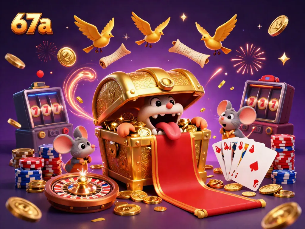Experience the excitement of 67a with 3D treasures and casino games in this vibrant illustration.