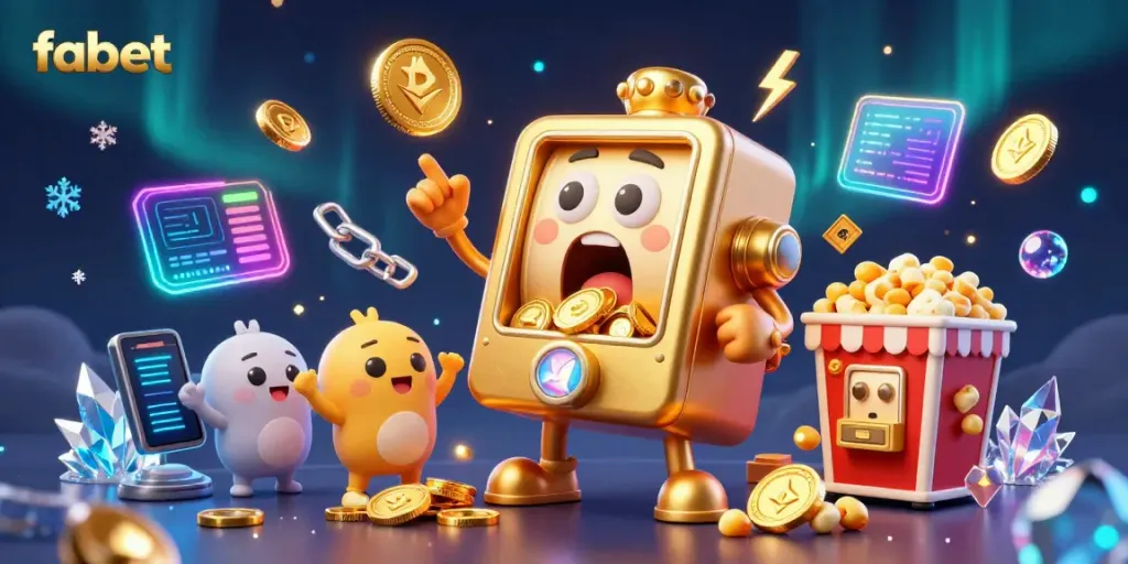 Win big at Fabet with a jubilant golden slot machine celebrating a jackpot, surrounded by crypto coins.