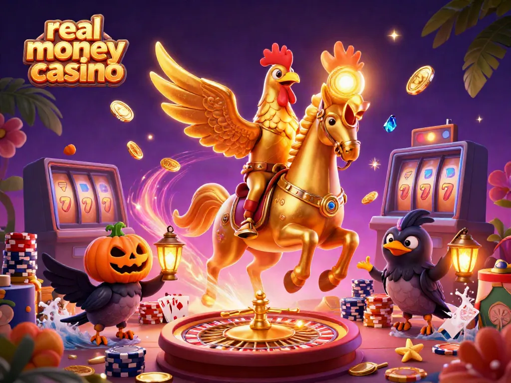 Real money casino scene with golden rooster, glowing coins, and dynamic casino elements.