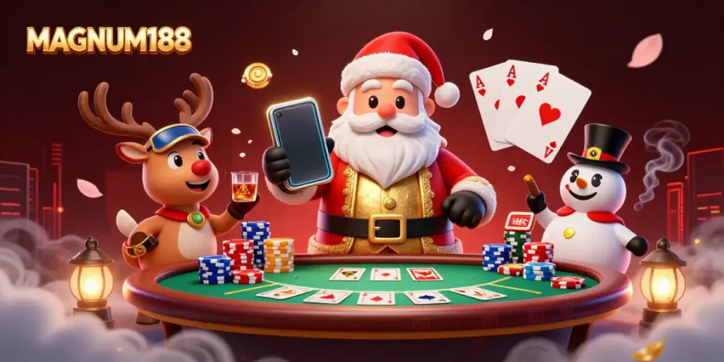 Engage in thrilling gameplay with MAGNUM188, featuring festive characters in a dynamic casino scene.