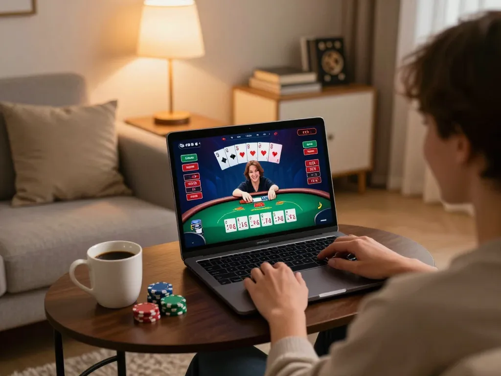 LC88 user actively participating in an online poker game from the comfort of home, showcasing engaging gameplay and cozy environment.