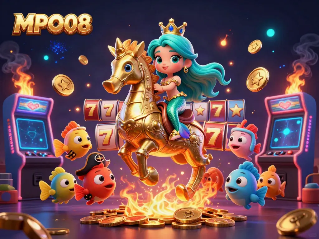 Experience thrilling games at MPO08 with our vibrant digital casino illustration featuring a mermaid and seahorse surrounded by arcade elements.